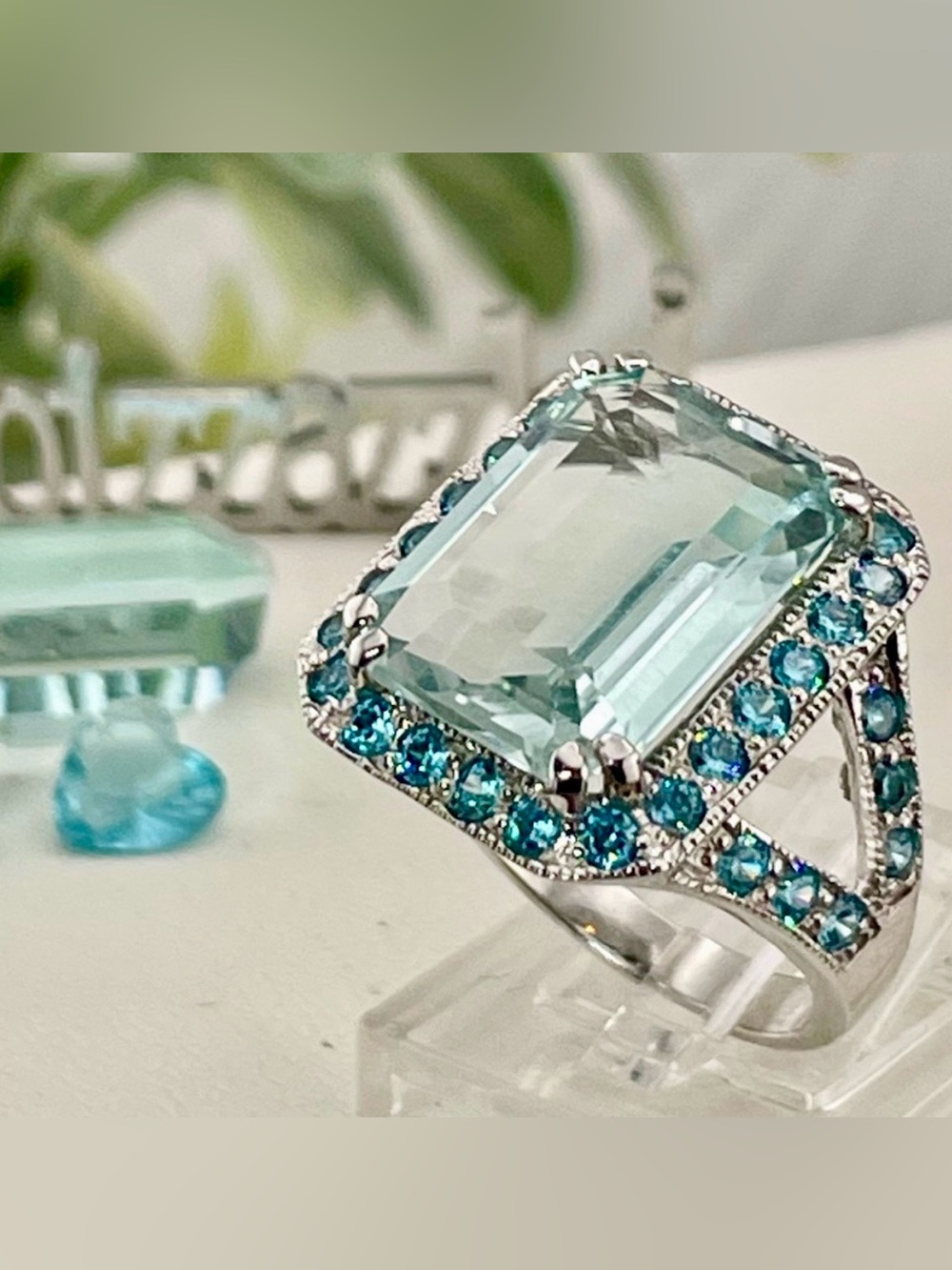 11ct Aquamarine sapphire Ring. 14k Electroplated on 925 blue sapphire